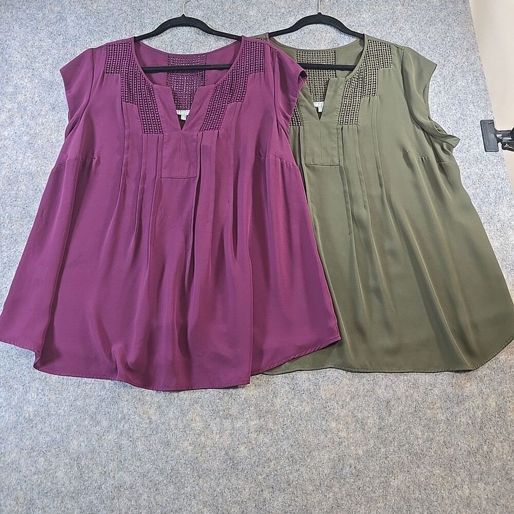 PAIR of danierainn Blouse Plus Size 2X 1 Plum and 1 Olive Green Lattice Crochet